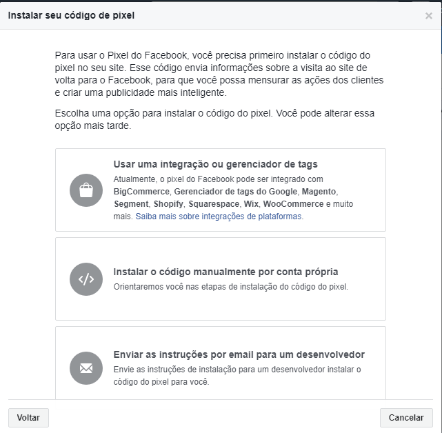 opções para instalação do código de pixel