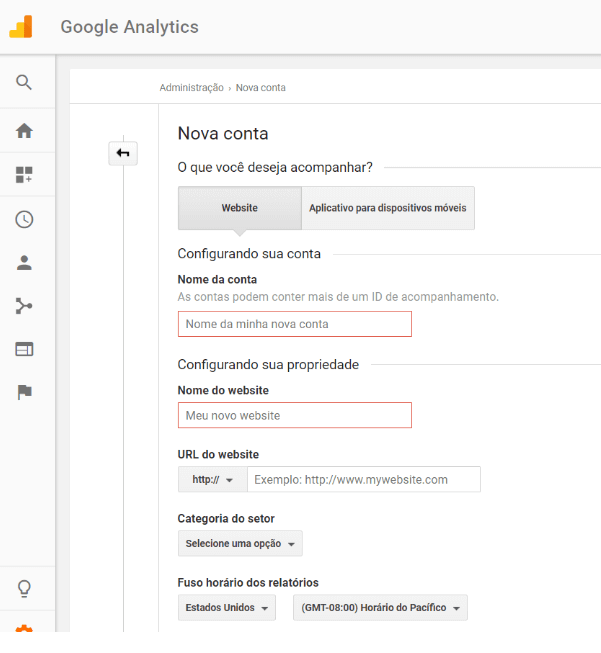 Criando conta no Google Analytics