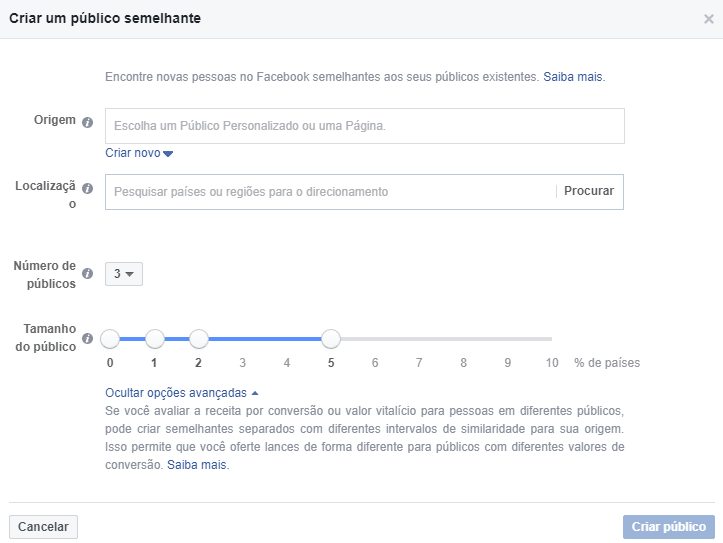 Para o Público Semelhante é necessário usar como base a lista inserida em seu Público Personalizado