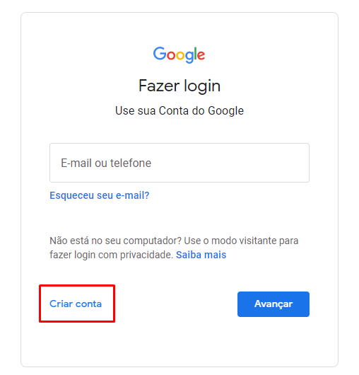 botão Criar conta do Google