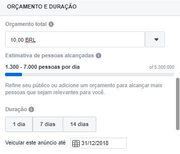 Orçamento e tempo de exibição Facebook