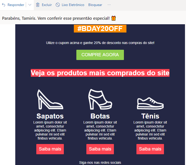 Email de aniversário - Exemplo