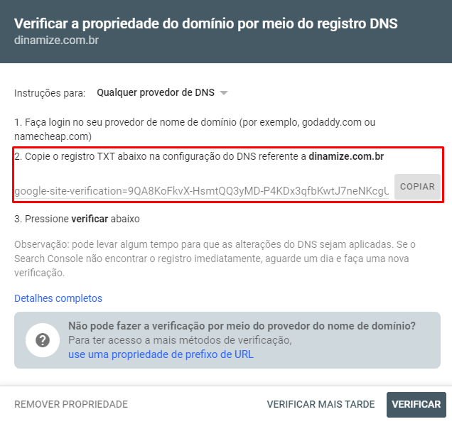 o Search Console solicitará uma validação de que essa página realmente é sua