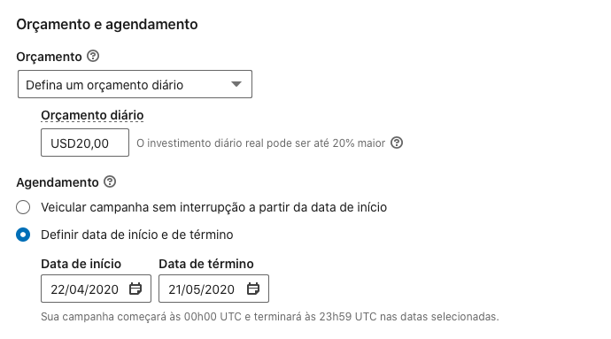 orçamento do anúncio no linkedin