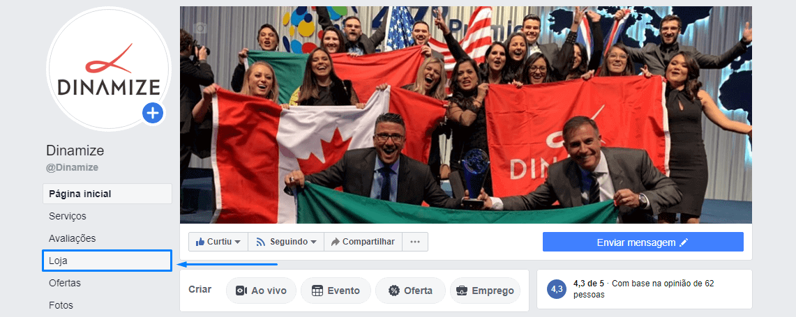 Na sua página do Facebook, acesse a aba "Loja".