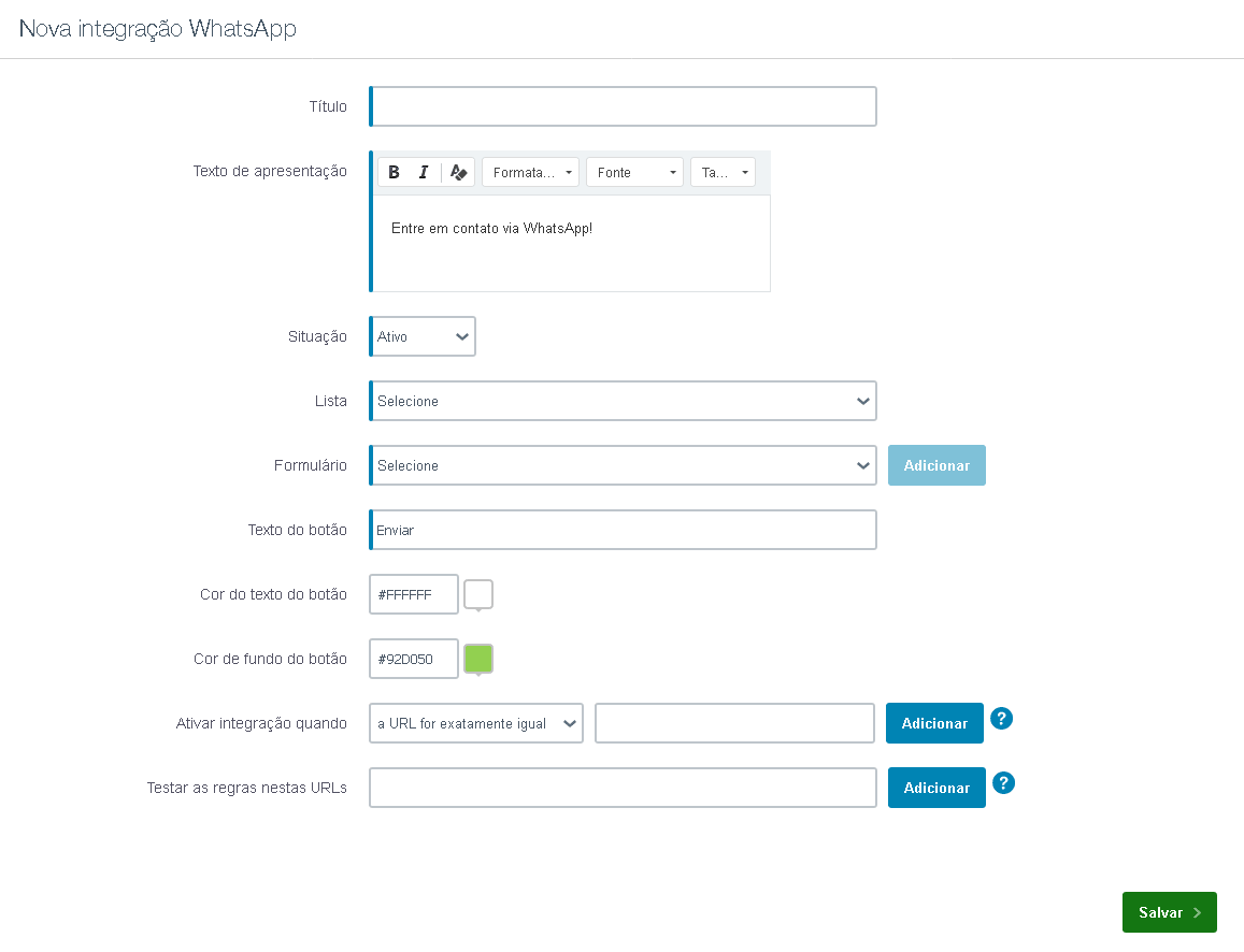 cadastro para inserir o WhatsApp no site pela plataforma de automação de marketing da Dinamize.