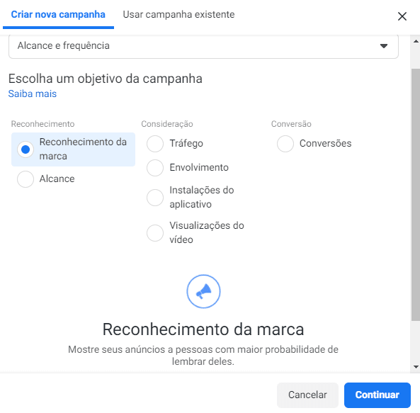 facebook ads objetivo da campanha