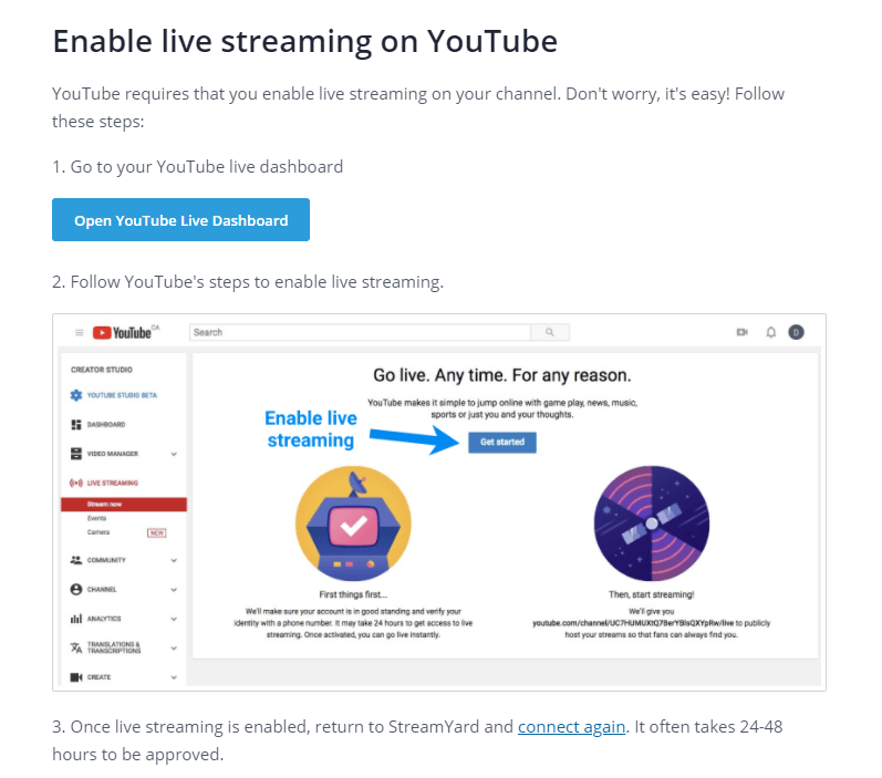 habilitar a opção de transmissão ao vivo no seu painel do Youtube