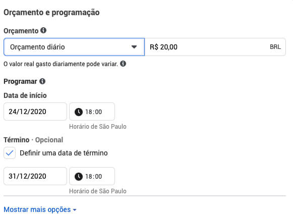 orçamento de campanha do Instagram Ads