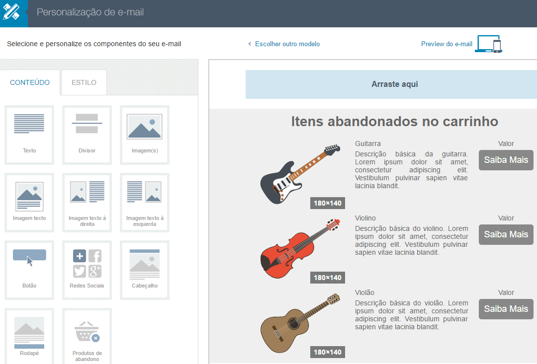 Modelo de email de carrinho abandonado