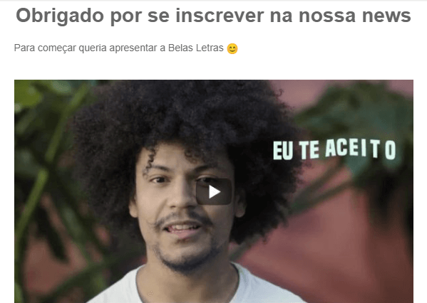 email de boas-vindas com vídeo sobre a editora