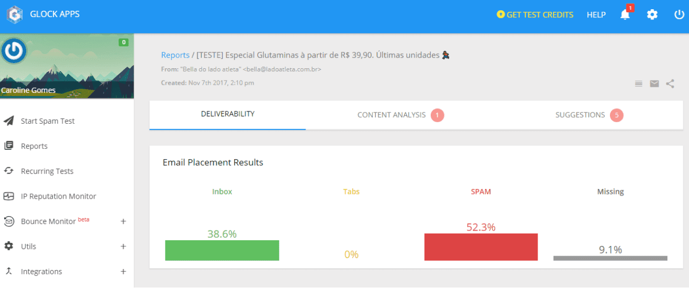 Tela do Glock Apps que indica os resultados dos testes