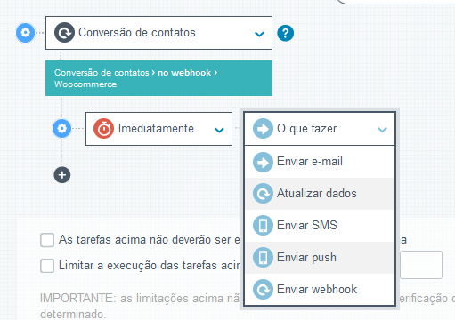 Exemplo de automação que tem como gatilho a conversão de contatos através de Webhook do Woocommerce