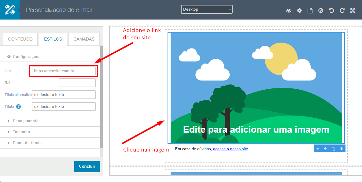 Adicionando link em imagem pelo editor Dinamize Builder