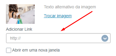 Área para adicionar link na imagem pelo editor drag and drop