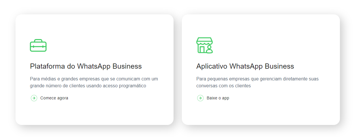 Plataforma do WhatsApp Business, recomendada para médias e grandes empresas que se comunicam com um grande número de clientes; aplicativo do WhatsApp Business, recomendado para pequenas empresas que gerenciam de forma direta as conversas com clientes.