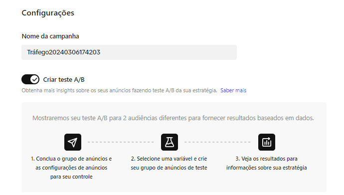 Configuração de teste ab no painel do TikTok Ads