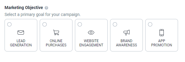 Objetivos de marketing ao criar campanha na Taboola